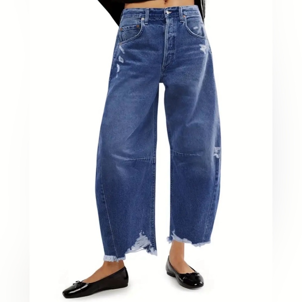 Blue Flare Barrel Wide Leg Jeans with Distressed Hem